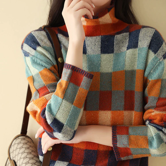 Amelie | Vintage Patchwork Trui met Hoge Kraag