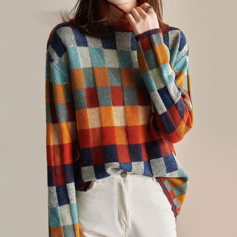 Amelie | Vintage Patchwork Trui met Hoge Kraag