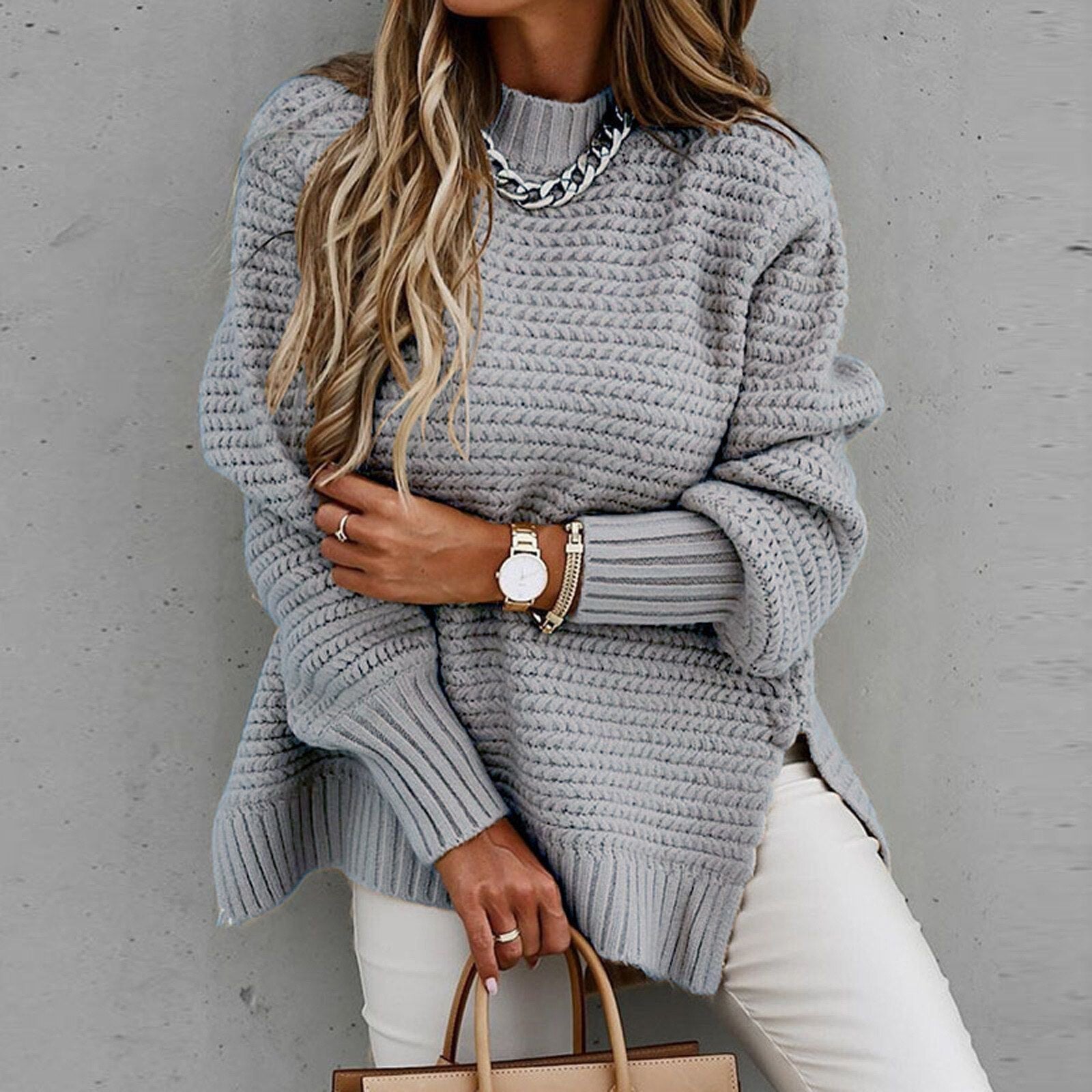 Oversized Gebreide Dames Trui – Warme Casual Sweater met Textuur T-E