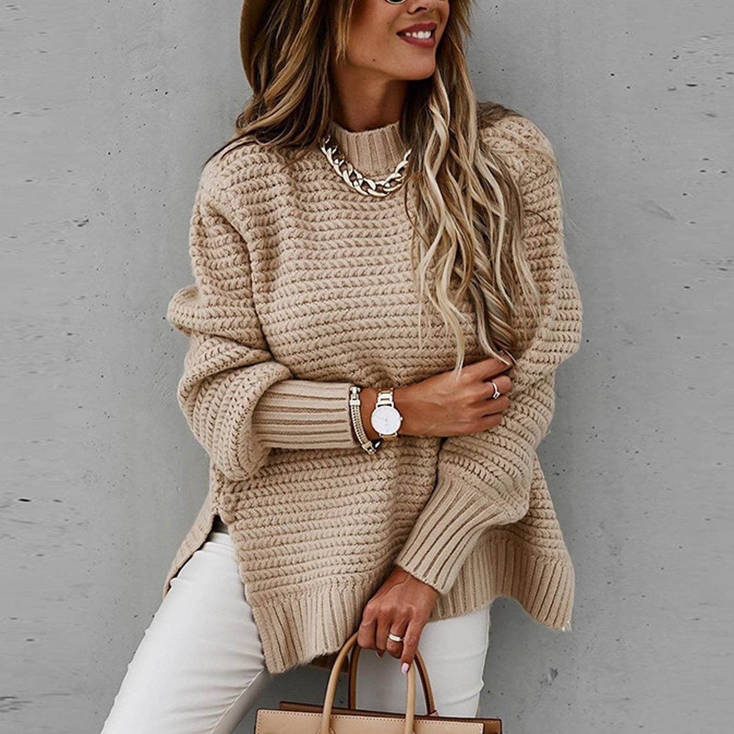 Oversized Gebreide Dames Trui – Warme Casual Sweater met Textuur T-E