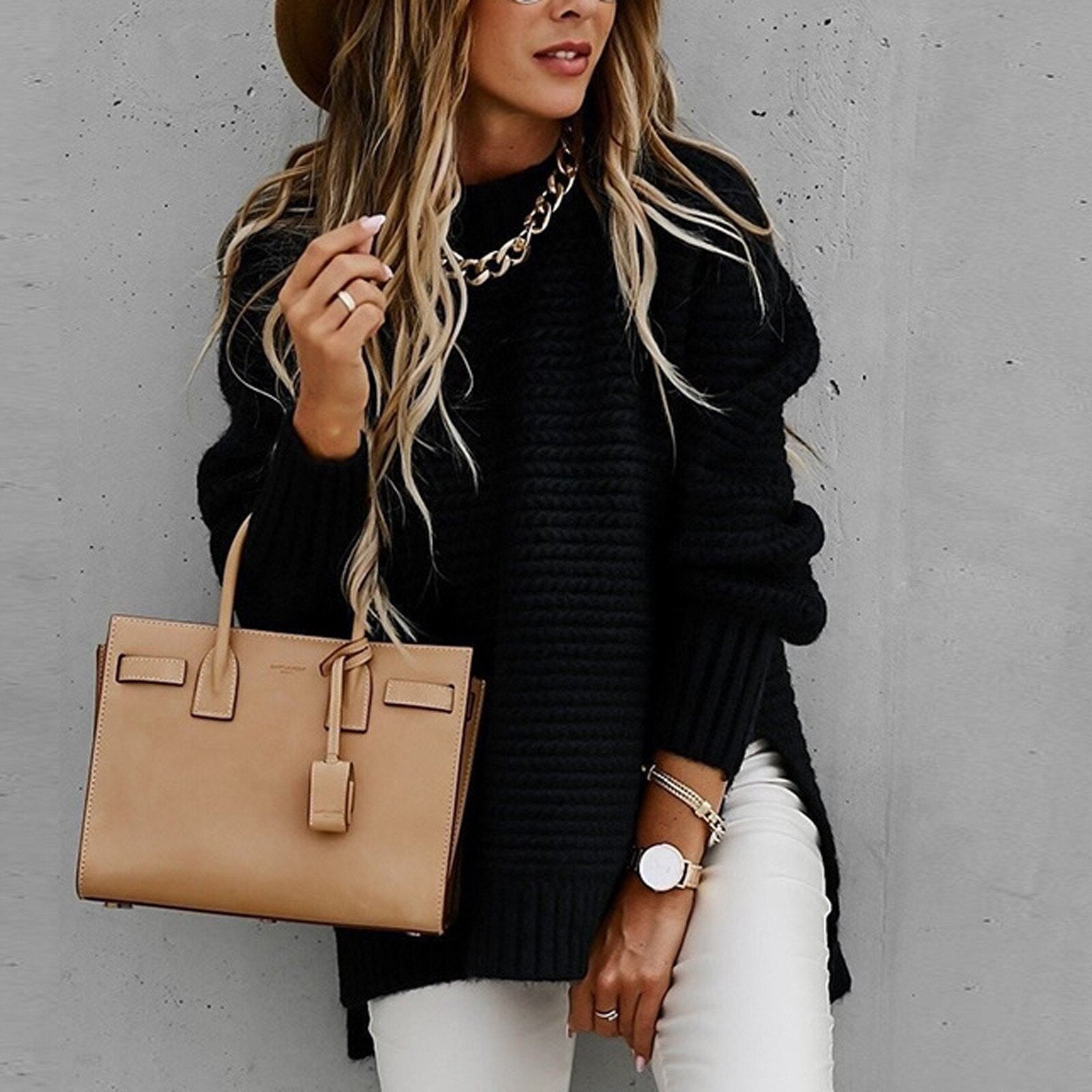 Oversized Gebreide Dames Trui – Warme Casual Sweater met Textuur T-E