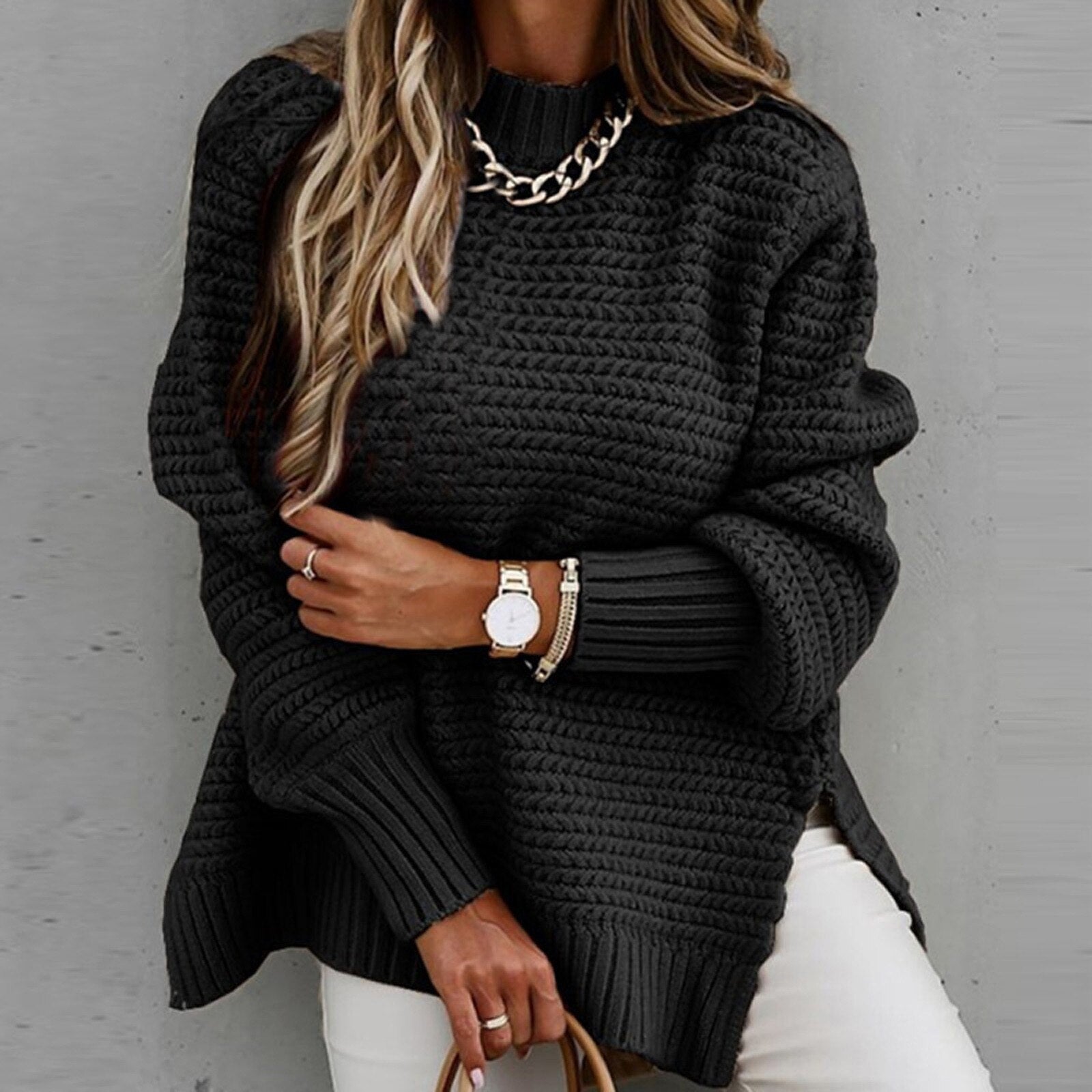 Oversized Gebreide Dames Trui – Warme Casual Sweater met Textuur T-E