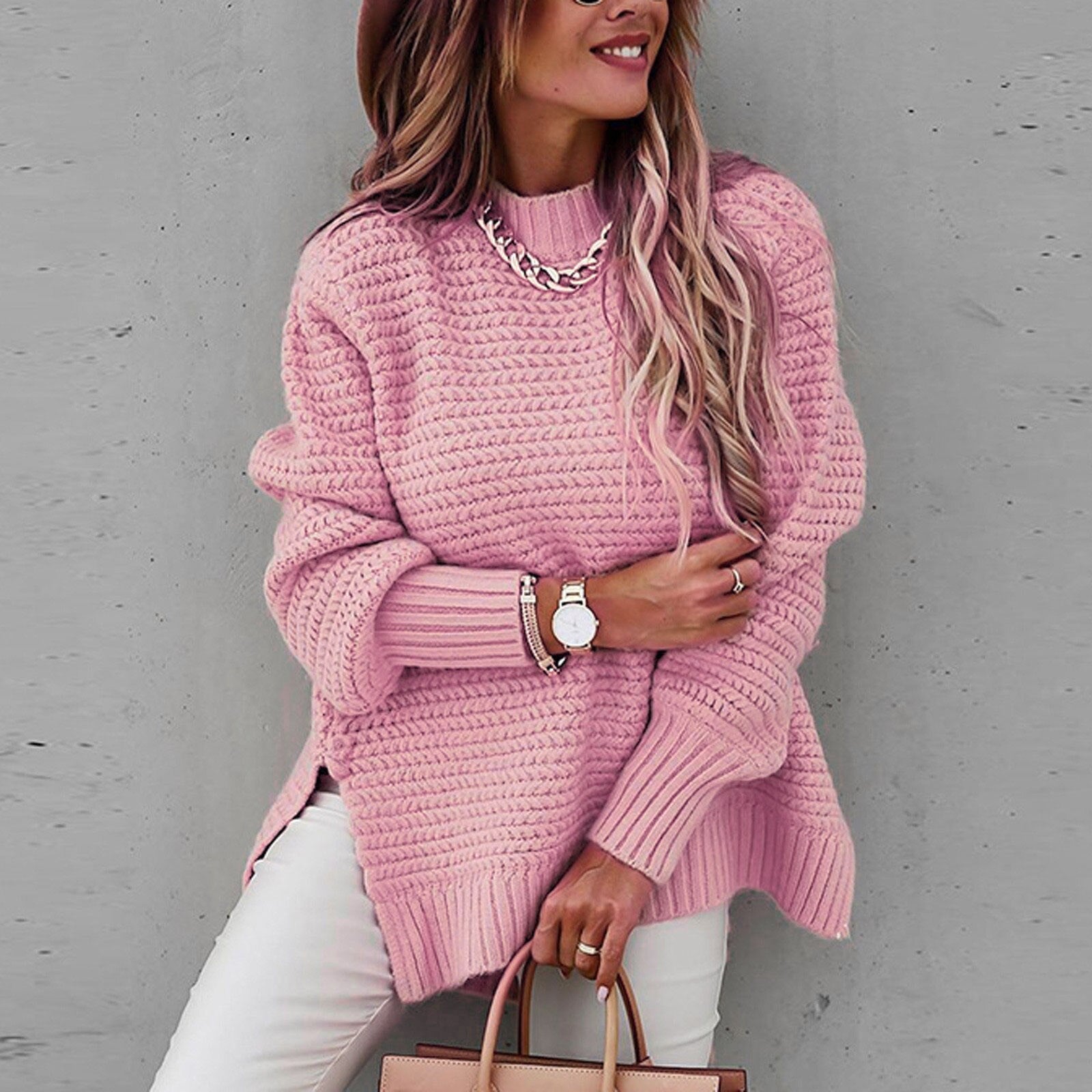 Oversized Gebreide Dames Trui – Warme Casual Sweater met Textuur T-E