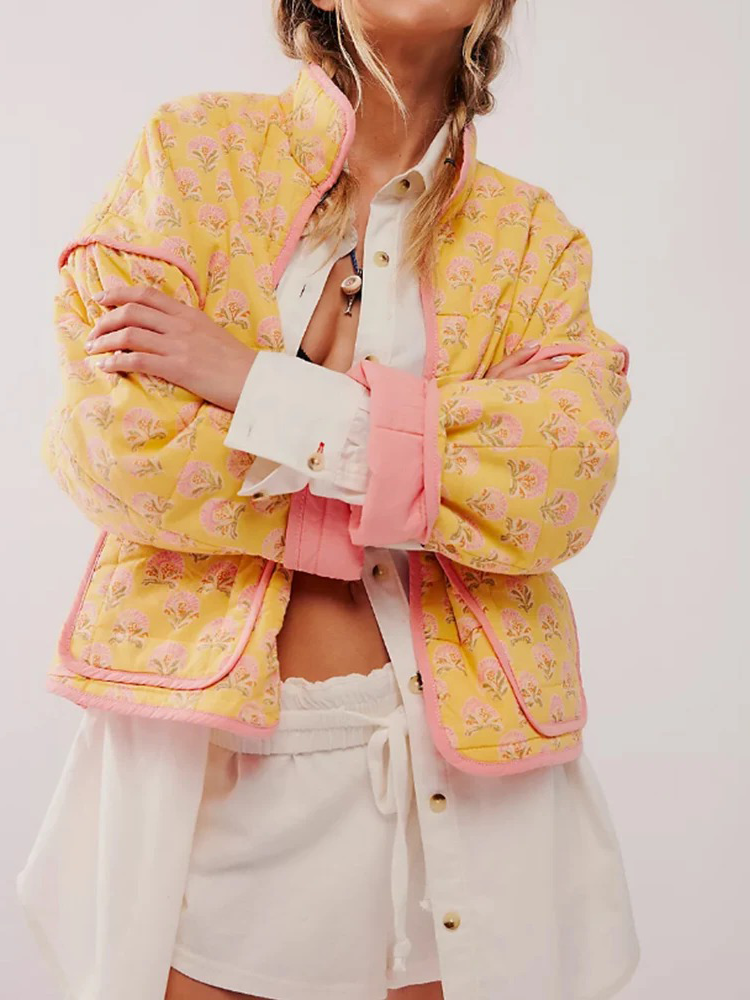 Livia - Geel/Roze Gewatteerde Quilt Jas Dames
