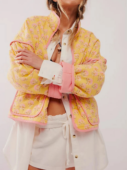 Livia - Geel/Roze Gewatteerde Quilt Jas Dames