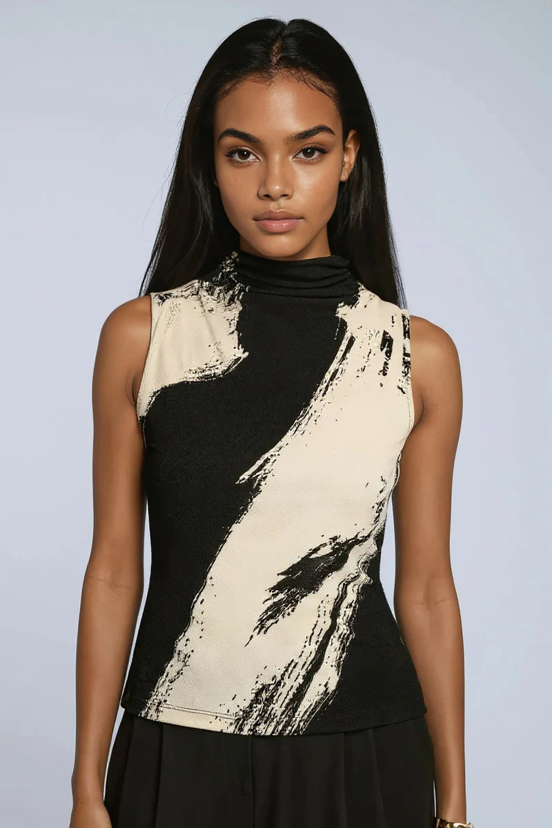 Dames Top Zonder Mouwen | Hoge Hals & Print