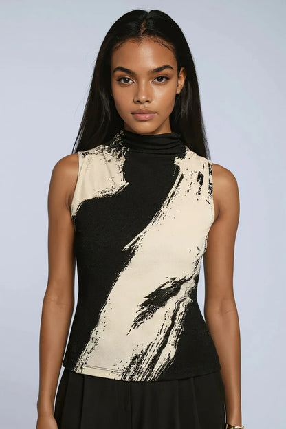 Dames Top Zonder Mouwen | Hoge Hals & Print