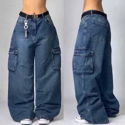 Retro Baggy Cargo Jeans met Utility Zakken - Wijde Unisex Spijkerbroek