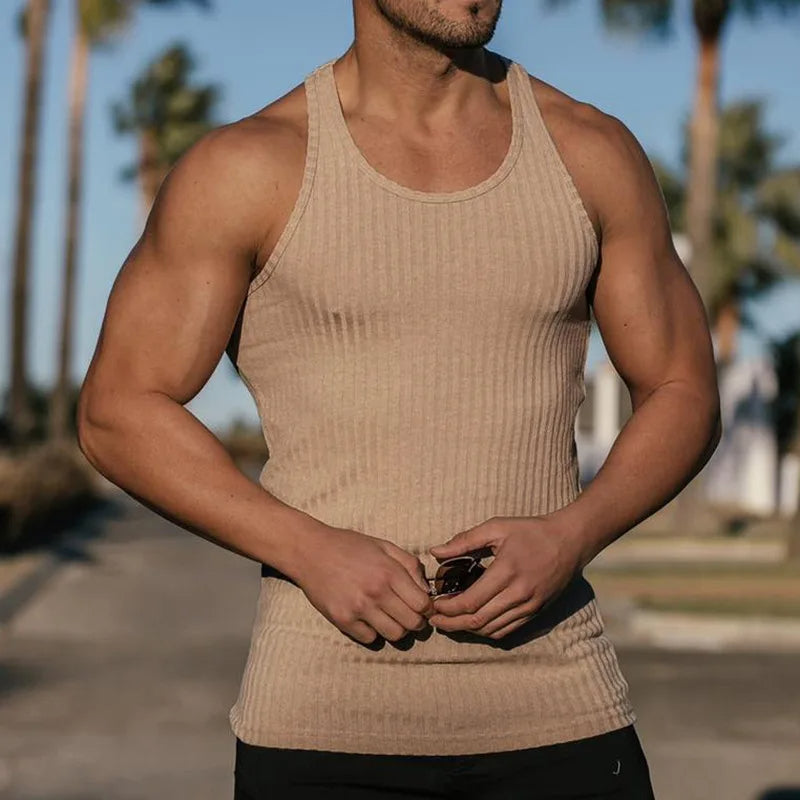 Ribgebreide Heren Tanktop – Getailleerde Mouwloze Top voor Sport & Casual T-E