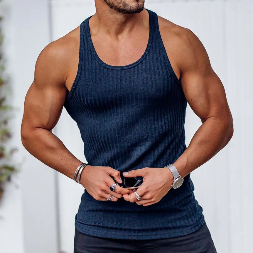 Ribgebreide Heren Tanktop – Getailleerde Mouwloze Top voor Sport & Casual T-E