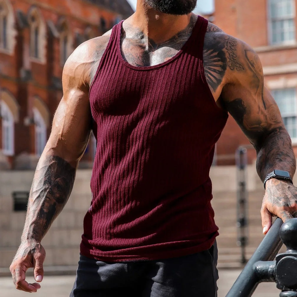 Ribgebreide Heren Tanktop – Getailleerde Mouwloze Top voor Sport & Casual T-E