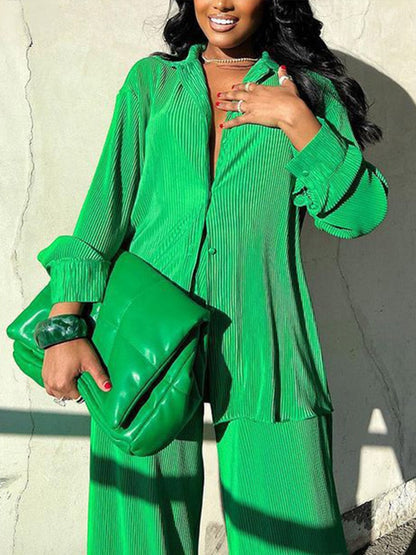 Dames Plissé Tweedelige Set – Modieuze Blouse en Broek