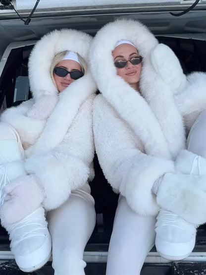 Dames Winterjas Wit | Kunstbont Jas met Capuchon