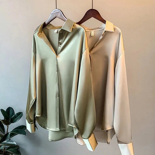 Satijnen Blouse met Oversized Pasvorm – Elegante Glanzende Dames Blouse