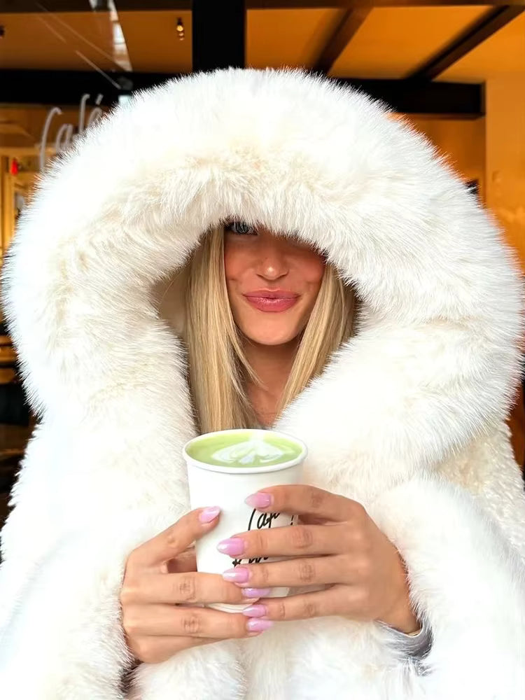 Dames Winterjas Wit | Kunstbont Jas met Capuchon