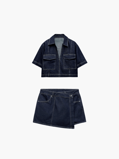 Trendy dames denim set in donkerblauw – zomerse co-ord top en asymmetrische rok