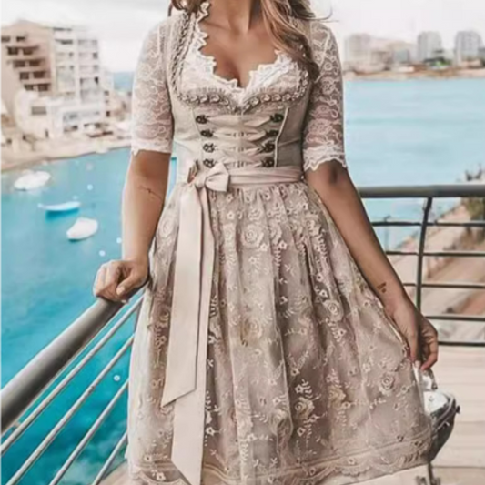 Oktoberfest Dirndl Jurk Dames – Beige met Kant