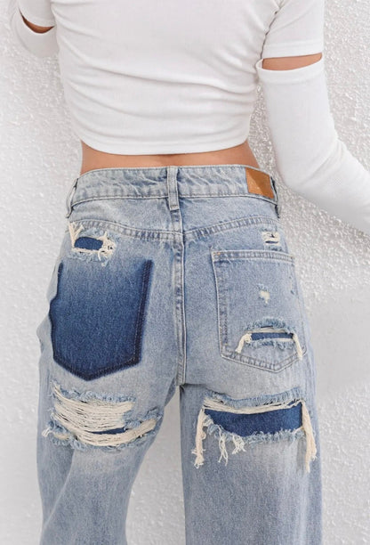 Vintage Ripped Jeans met Uniek Patchwork Detail