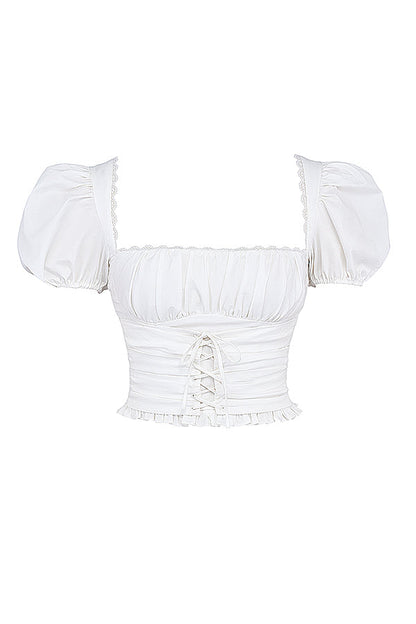 Witte geplooide crop top met beige overslag minirok