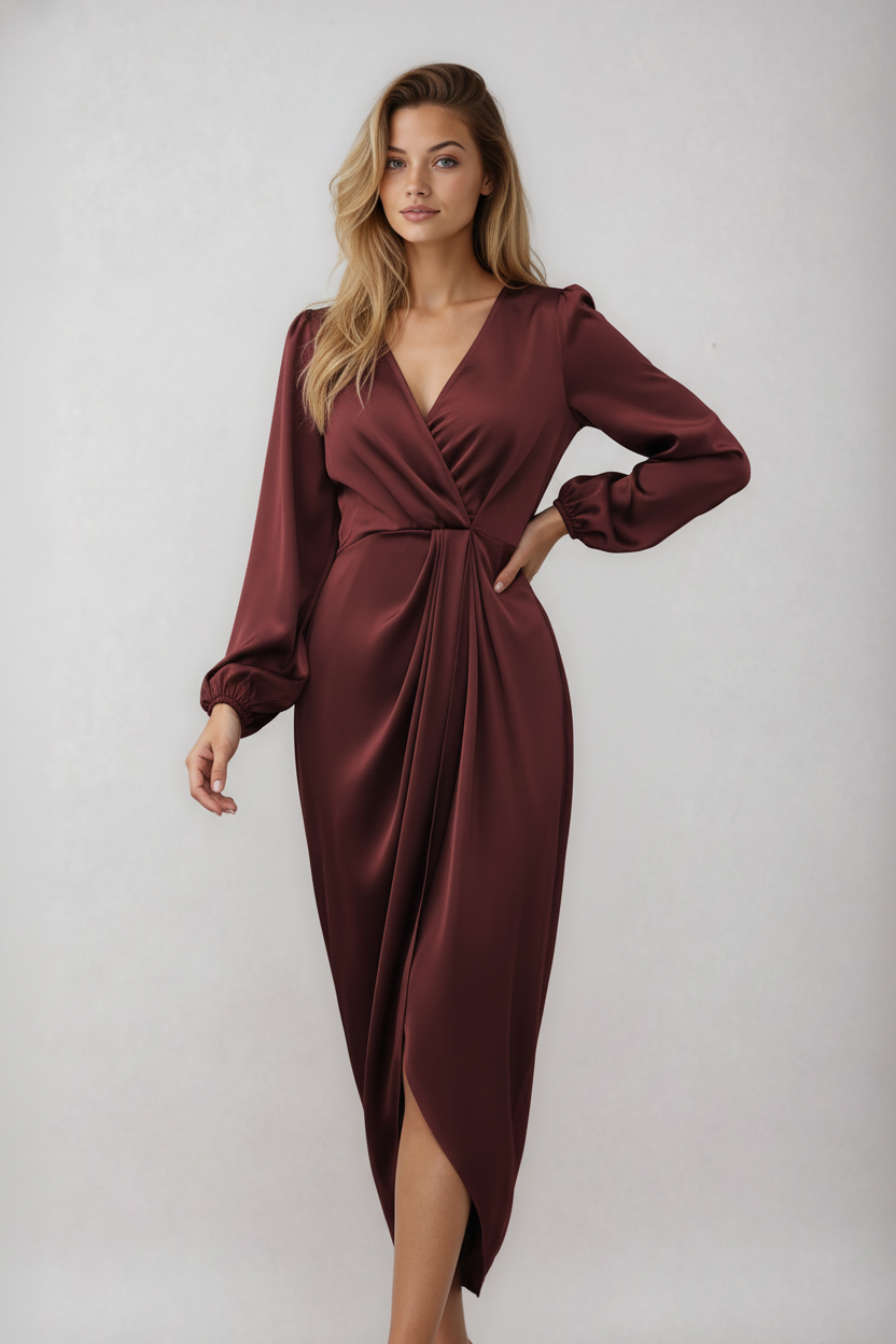 Dames Jurk | Wikkel Midi Jurk met  Taille Ceintuur