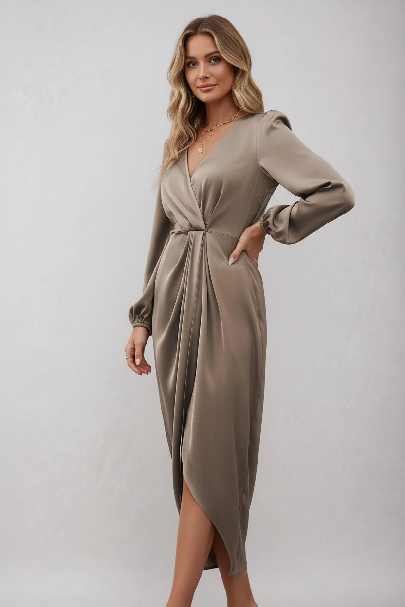 Dames Jurk | Wikkel Midi Jurk met  Taille Ceintuur
