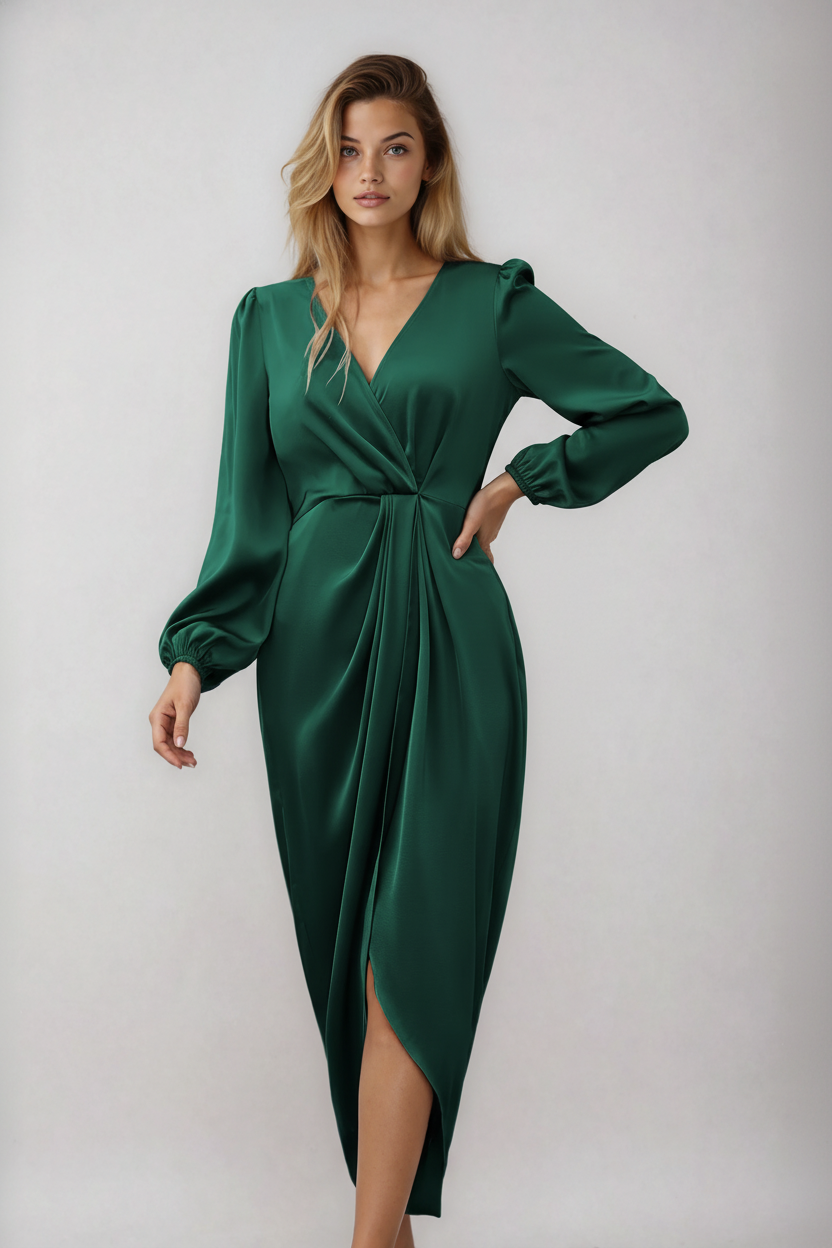 Dames Jurk | Wikkel Midi Jurk met  Taille Ceintuur