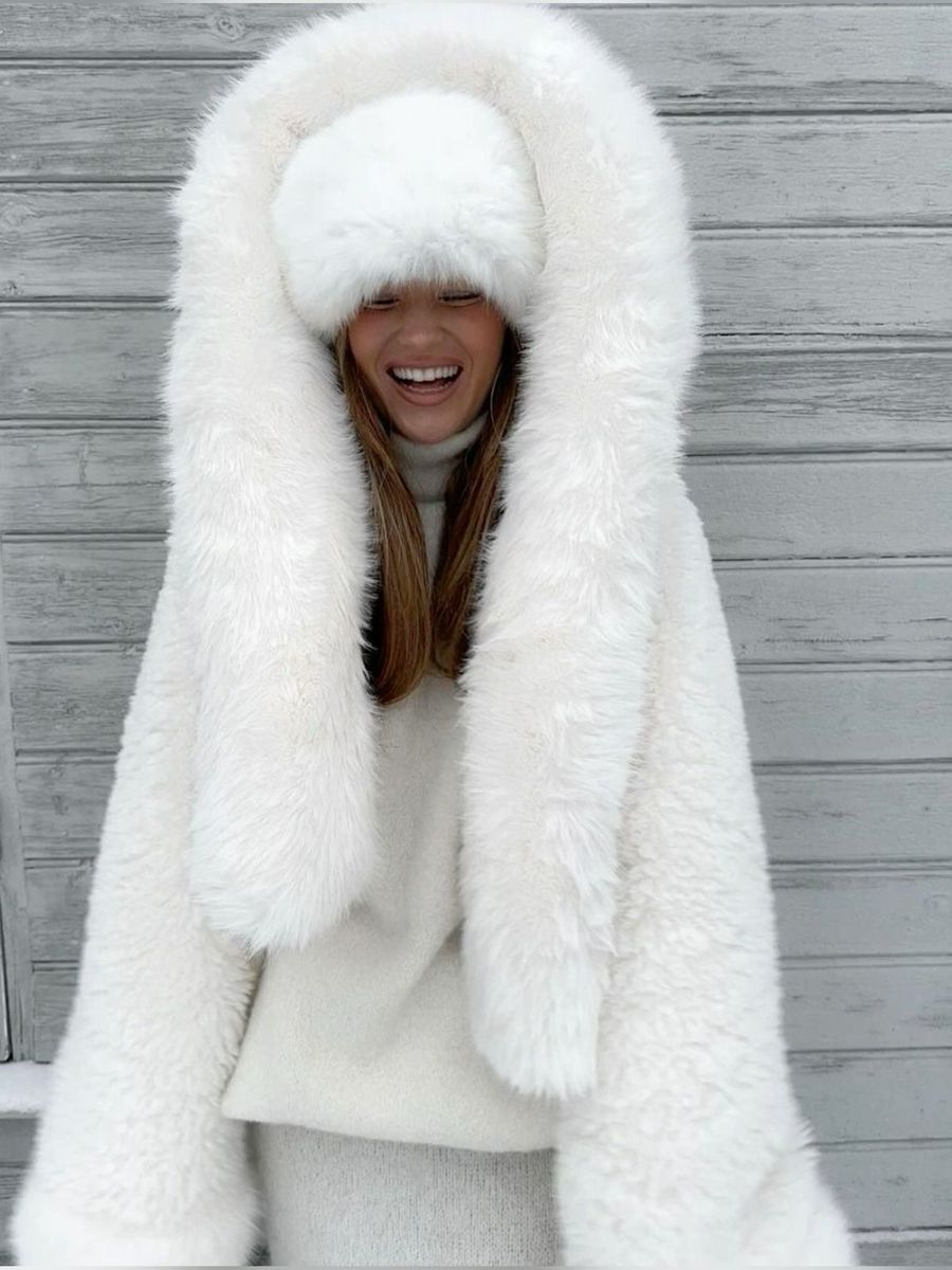Dames Winterjas Wit | Kunstbont Jas met Capuchon