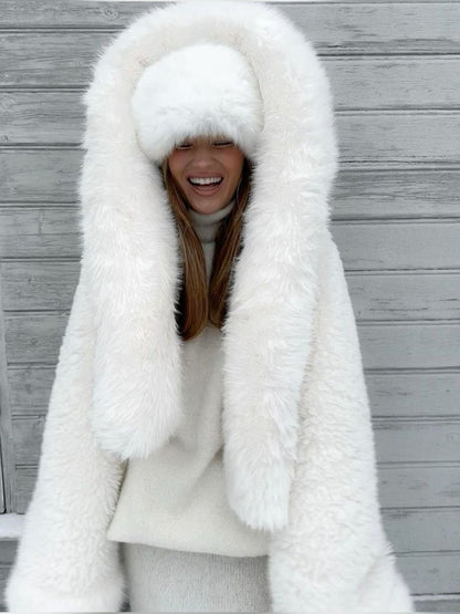 Dames Winterjas Wit | Kunstbont Jas met Capuchon