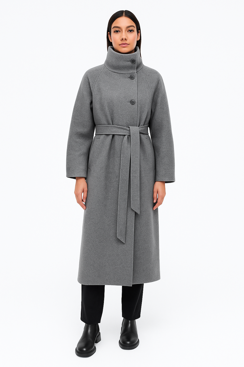 Lange Dames Manteljas | Minimalistische Ontwerp & Hoogsluitende Kraag