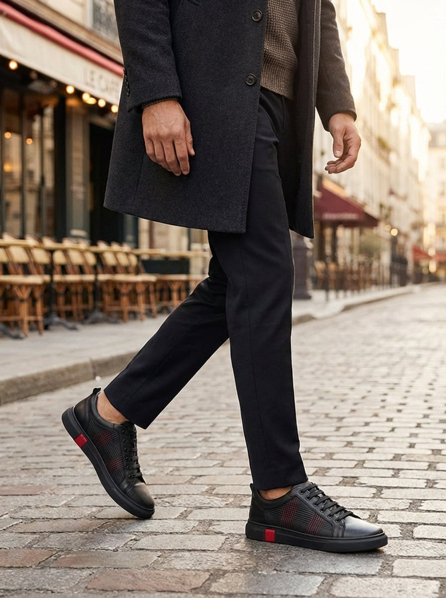 Zwarte Sneakers Heren | Nette Schoenen met Geruit Detail