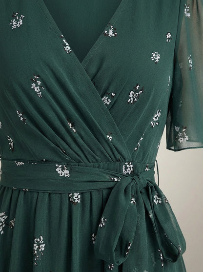 Jurk Dames met Bloemenprint | V-hals met Taillekoord