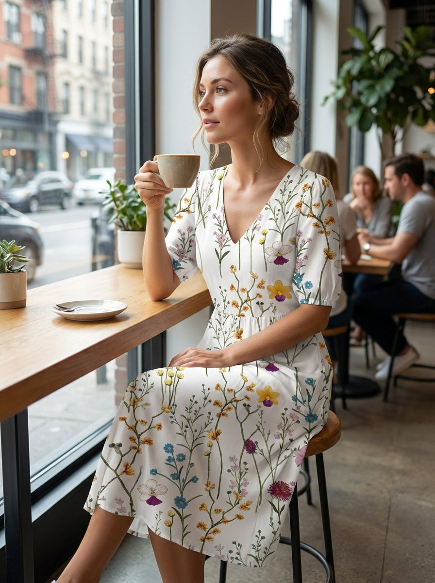 Jurk Dames Bloemenprint | Midi Jurk met V-hals
