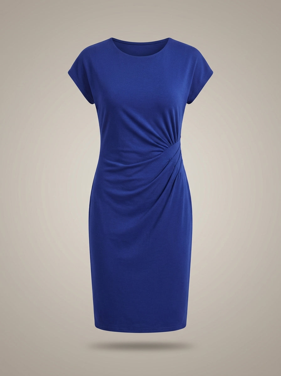Jurk Dames Midi | Zakelijk Plooidetail met Ronde Hals