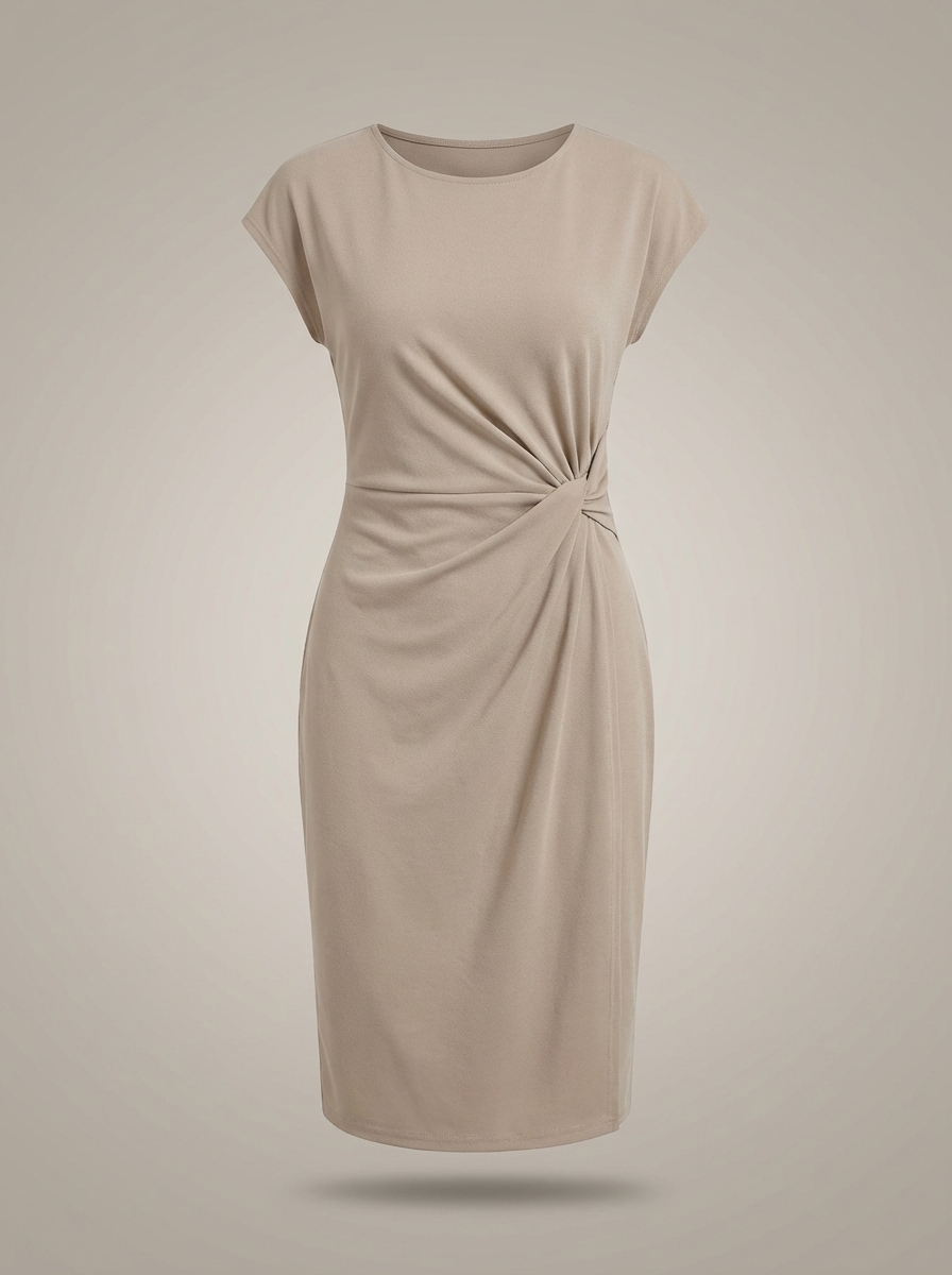 Jurk Dames Midi | Zakelijk Plooidetail met Ronde Hals