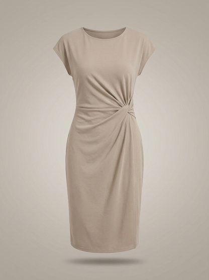 Jurk Dames Midi | Zakelijk Plooidetail met Ronde Hals