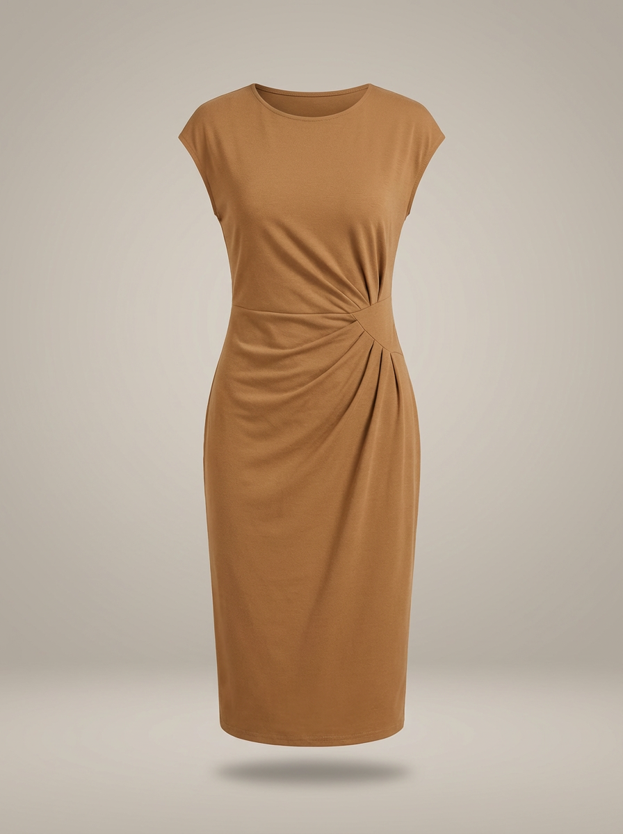 Jurk Dames Midi | Zakelijk Plooidetail met Ronde Hals