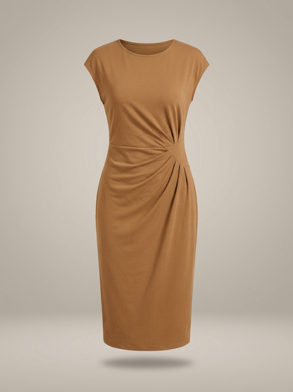 Jurk Dames Midi | Zakelijk Plooidetail met Ronde Hals
