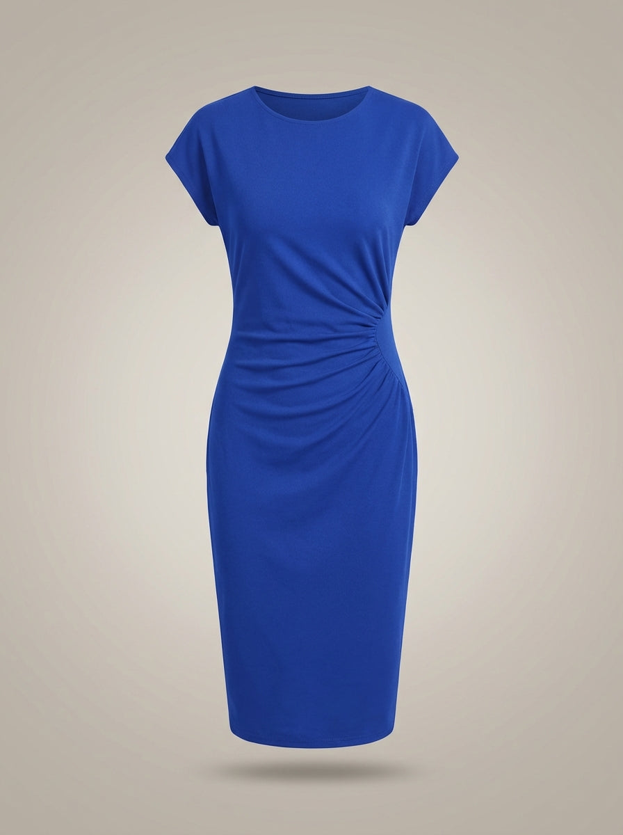 Jurk Dames Midi | Zakelijk Plooidetail met Ronde Hals
