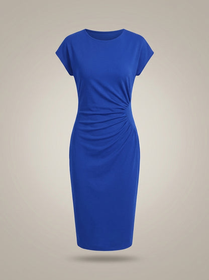 Jurk Dames Midi | Zakelijk Plooidetail met Ronde Hals