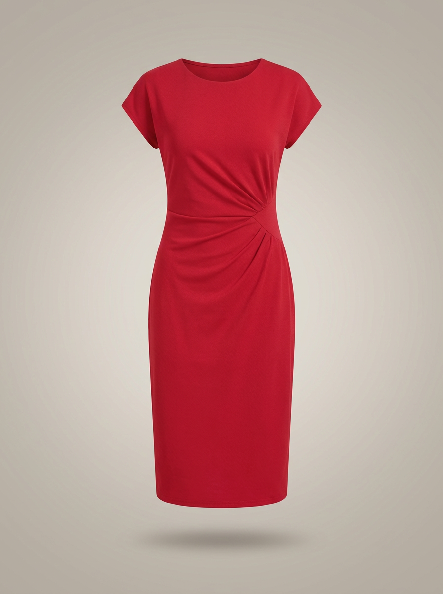 Jurk Dames Midi | Zakelijk Plooidetail met Ronde Hals