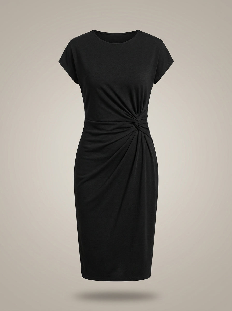 Jurk Dames Midi | Zakelijk Plooidetail met Ronde Hals
