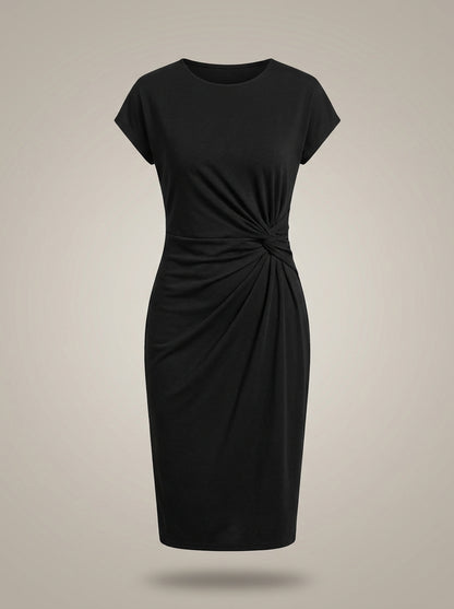 Jurk Dames Midi | Zakelijk Plooidetail met Ronde Hals