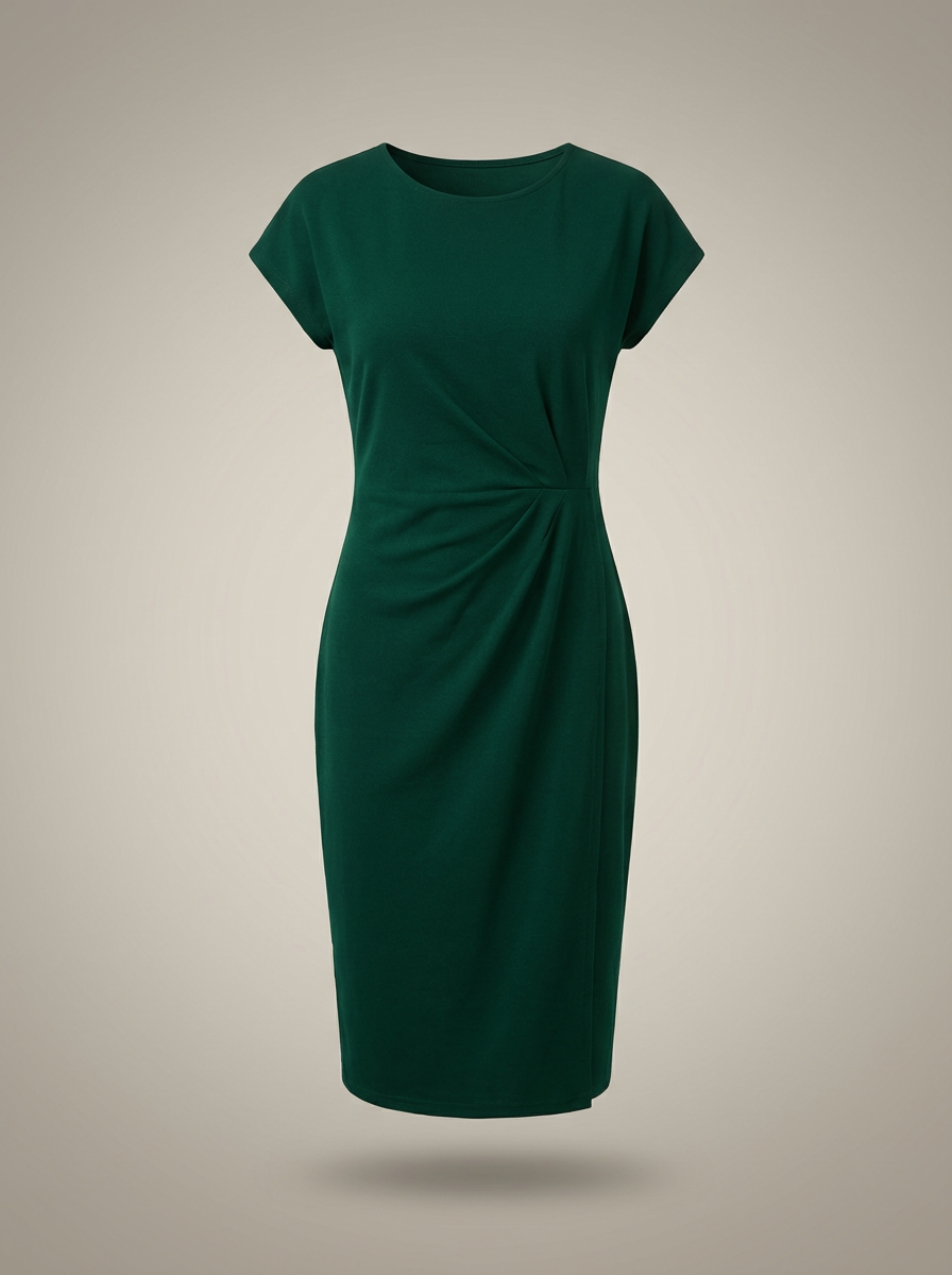 Jurk Dames Midi | Zakelijk Plooidetail met Ronde Hals