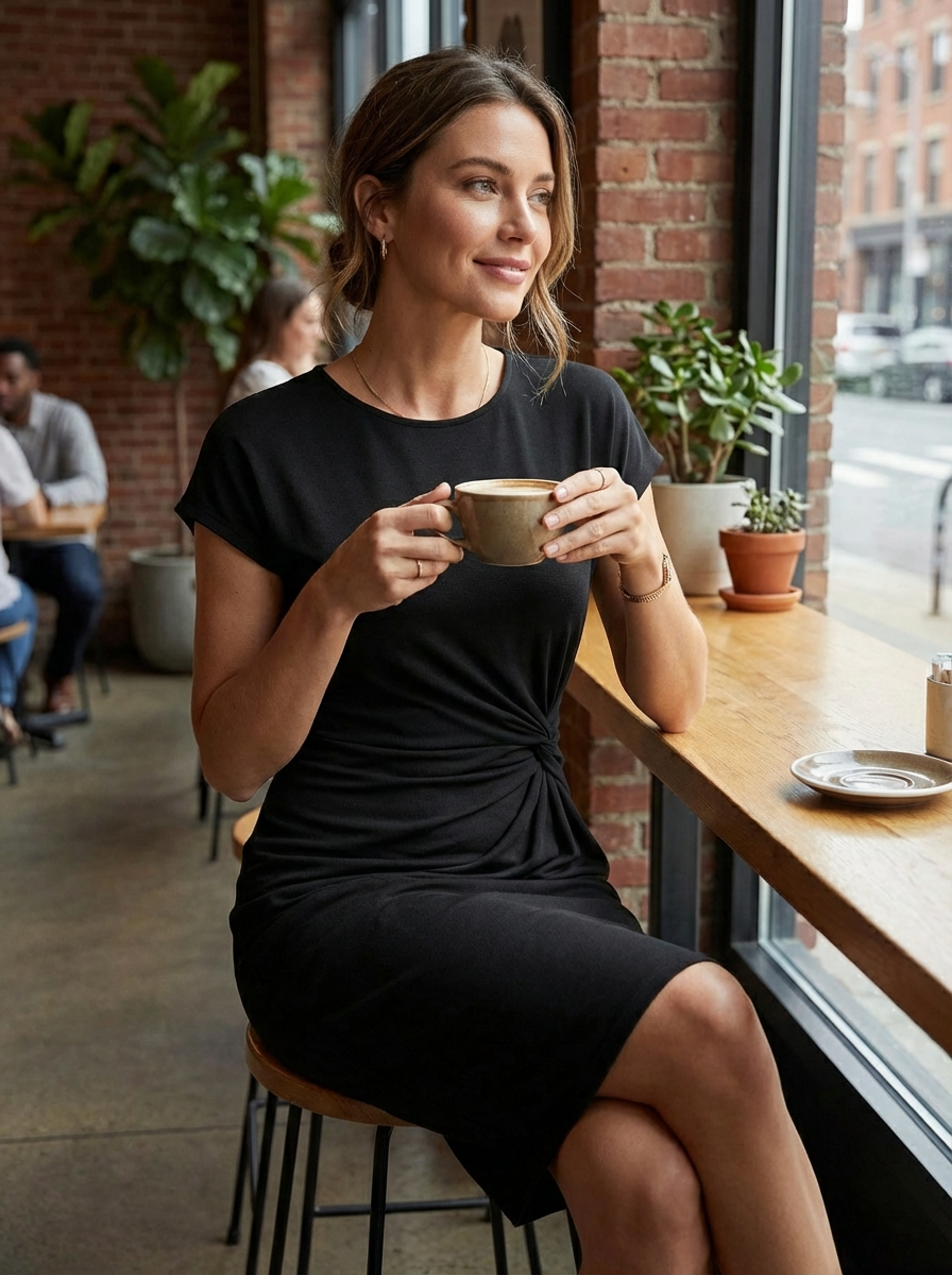 Jurk Dames Midi | Zakelijk Plooidetail met Ronde Hals