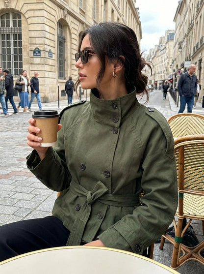 Tussenjas Dames | Korte Jas met Knopen, Tailleband en Opstaande Kraag