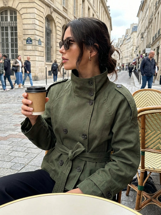 Tussenjas Dames | Korte Jas met Knopen, Tailleband en Opstaande Kraag