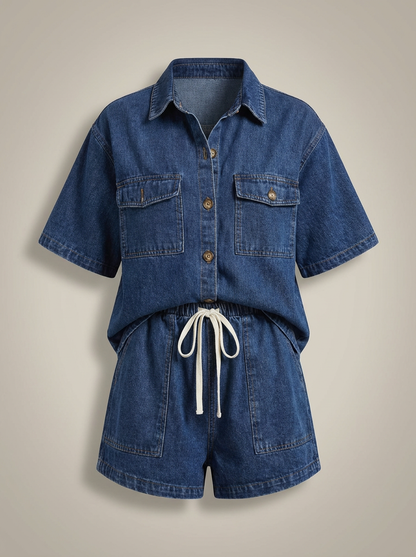 Tweedelige Set Dames Korte Mouw | Denim Co Ord met Shorts