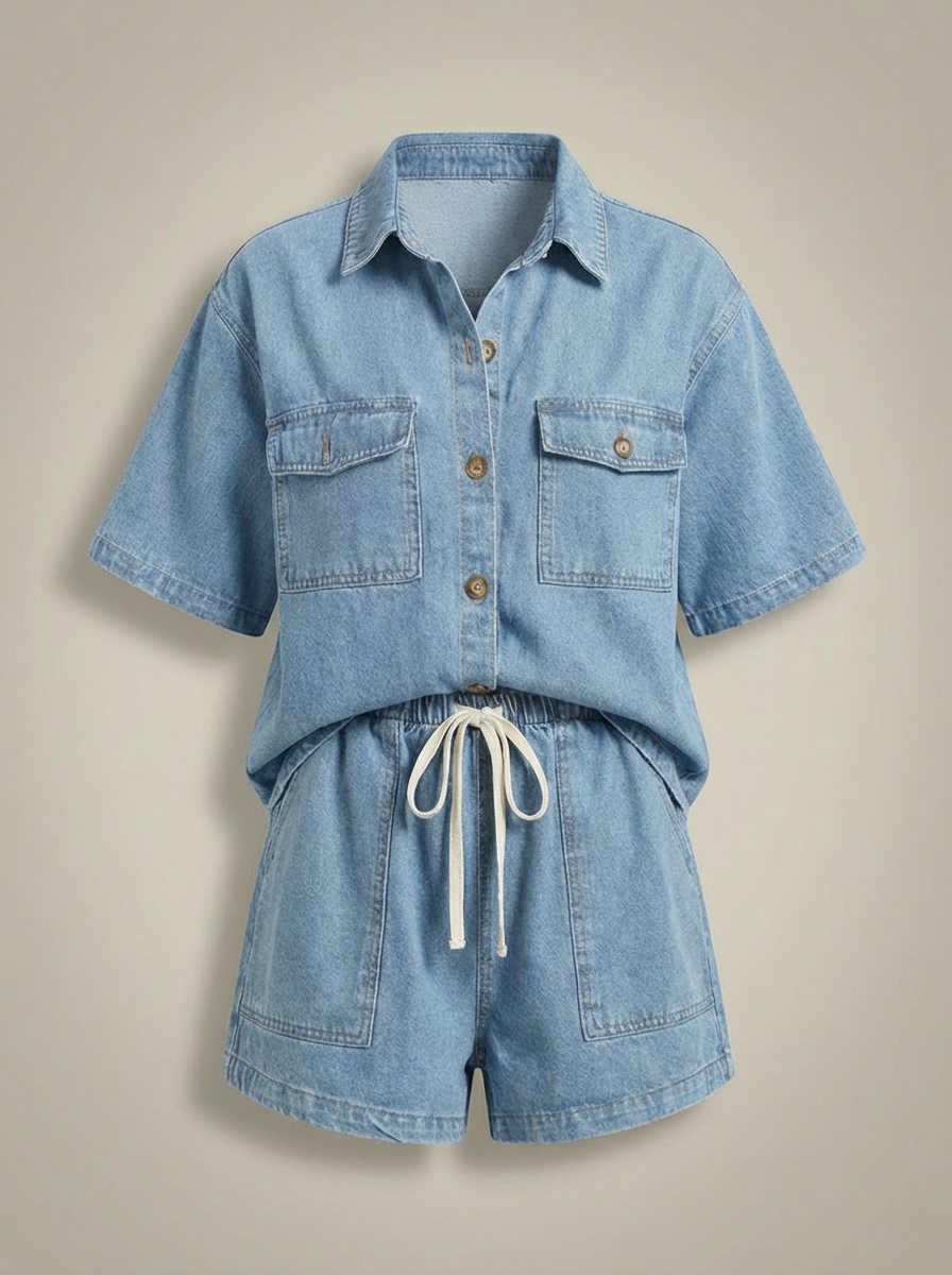 Tweedelige Set Dames Korte Mouw | Denim Co Ord met Shorts