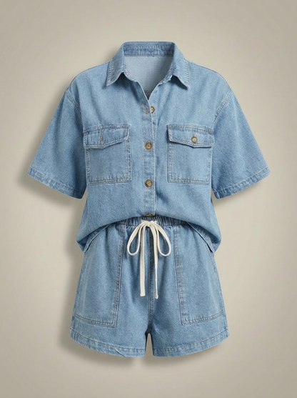 Tweedelige Set Dames Korte Mouw | Denim Co Ord met Shorts