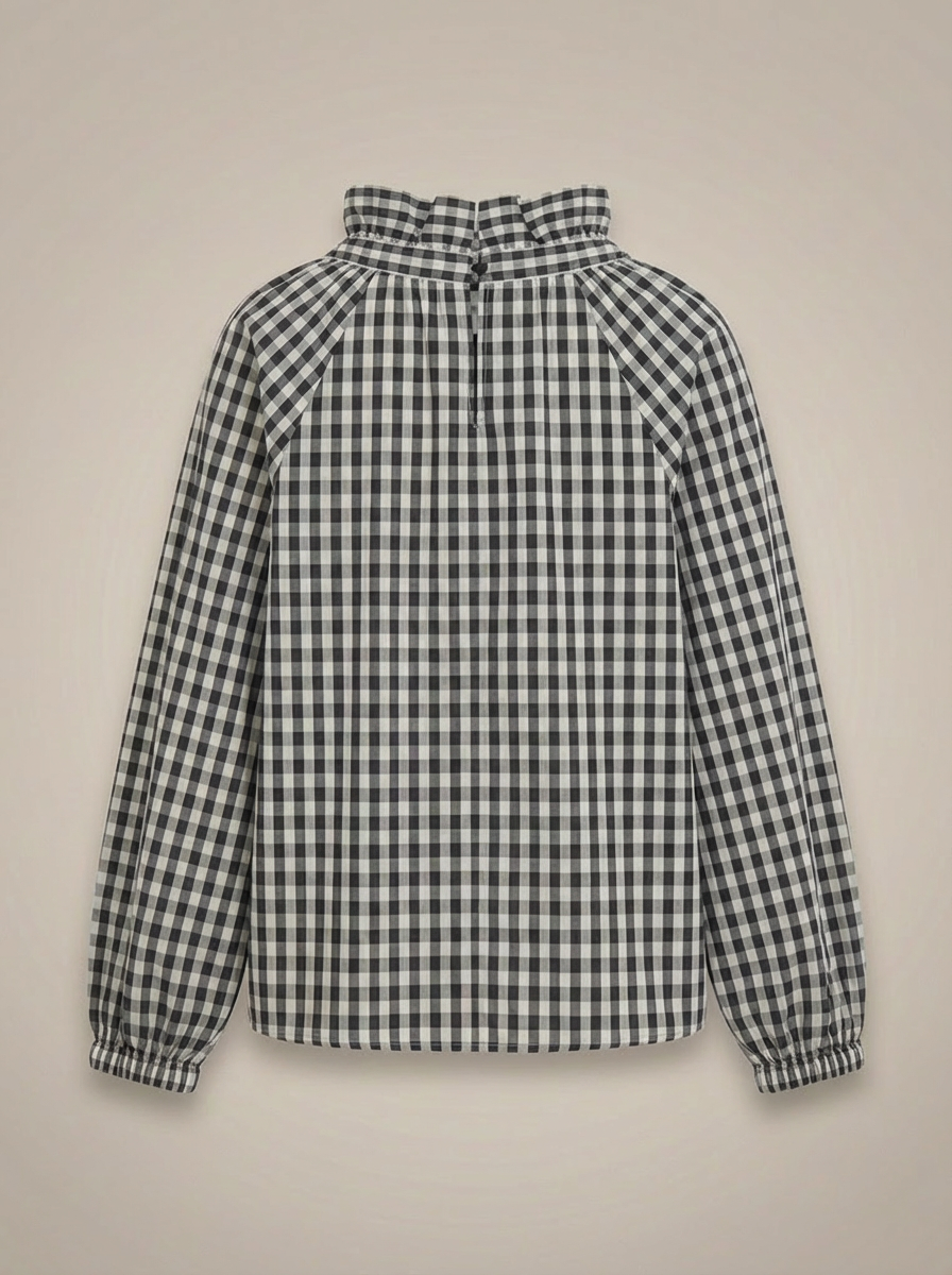 Blouse Dames met Strik | Geruite Blouse met Hoge Kraag